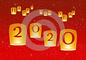 New year greetings for year 2020 with bright red background with glowing stars with yellow lights with number