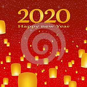 New year greetings for year 2020 with bright red background with glowing stars with yellow lights with number