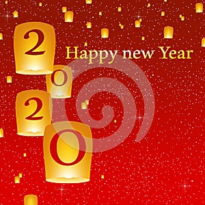 New year greetings for year 2020 with bright red background with glowing stars with yellow lights with number