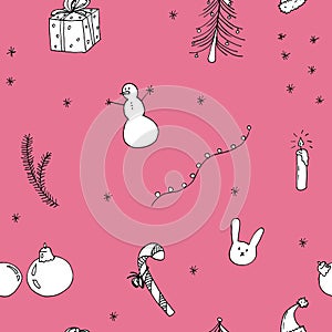 New Year hand drawn seamless pattern with snowman, gifts, bunny and snow - on dark pink color