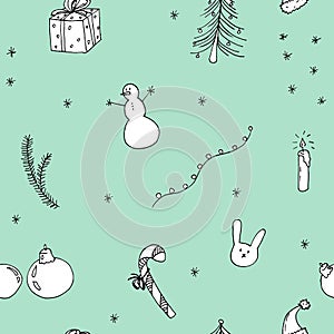 New Year hand drawn seamless pattern with snowman, gifts, bunny and snow - on green color