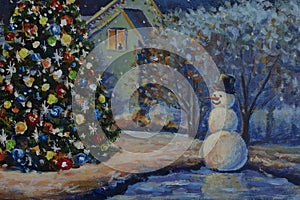 New Year holiday art Christmas tree and happy snowman