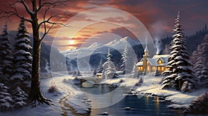 New Year holiday background. Christmas decorations, winter festive landscape of the city in snow and garlands and lights.