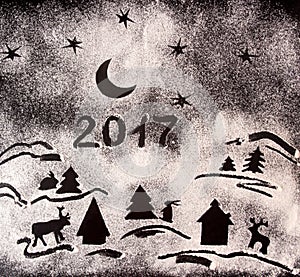 New Year holiday background with drawings with flour and text 2017