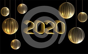 New Year 2020 holiday banner, poster or card with glowing gold Christmas tree toys