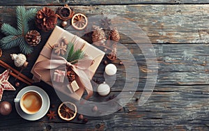 New Year holiday decoration objects on wooden background gift boxes, arrangement elements hot coffee and decorative balls Warm