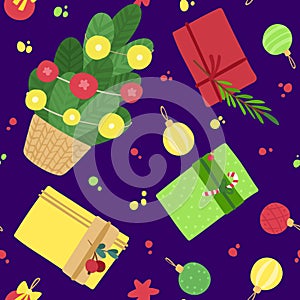 New Year holiday, fest vector seamless pattern. Christmas tree, toys, gifts, stars on dark blue background.