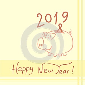 New year. Holiday. Greeting card. Figure 8 falls into the piggy Bank. Funny character. 2019. Vector illustration.