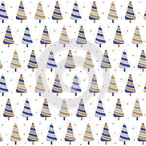 New Year holiday seamless pattern in vector. Golden, silver and blue Christmas trees on white background. Festive