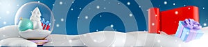 New Year horizontal banner with drifts, snow, gift box, red scroll, and snow glass ball. 3d illustration