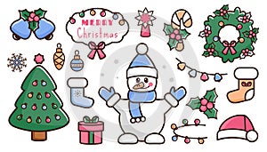 New Year icons. Set of cartoon color Christmas icon. Doodle holiday elements. Cute snowman, light, santa hat, Christmas socking, photo