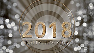 New Year illustration, card with sparkling, golden glitter 2018 on silver background