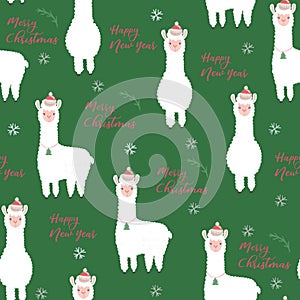 New Year illustration. Christmas lamas pattern. Watercolor lama christmas pattern. Christmas pattern with white lama
