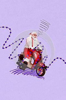 New year image collage of funny funky santa claus drive motor bike fast for christmas seasonal discounts