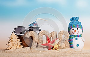 New Year inscription 2018, coconut with straw, umbrella and sung