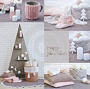 New Year interior decoration collage