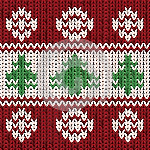 New year knitted pattern with xmas tree, vector