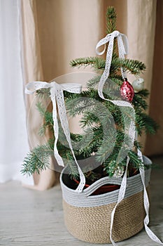 New Year lace decorations for the Christmas tree in eco style. Zero Waste Christmas concept. Vintage Christmas tree