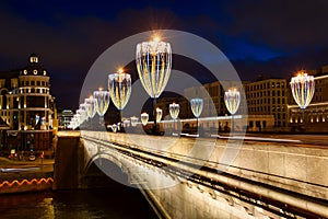 New Year Lights of Bolshoy Moskvoretsky Bridge in Dusk