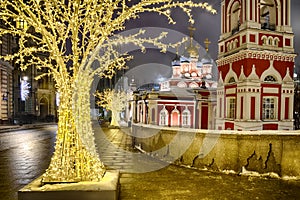 New Year Lights at St. George Church on Varvarka Street in Winter Night