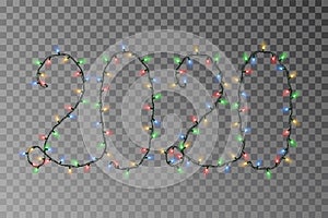 New year lights vector, 2020 color light string isolated on dark background. Transparent decorative garland. Holiday light decor