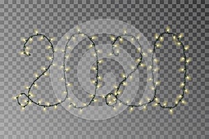 New year lights vector, 2020 yellow light string isolated on dark background. Transparent decorative garland. Holiday light decor