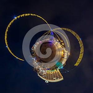 New year little planet. Spherical aerial 360 degree panorama night view on a festive square with a Christmas tree