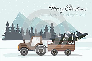 New Year and Merry Christmas card. Brown  tractor with a trailer and with fir tree. Vector Illustration