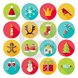 New Year and Merry Christmas Circle Icons Set with long Shadow