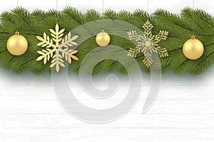 New Year, Merry Christmas greeting card. Festive background. Tree branches are arranged horizontally. Christmas toys, golden balls