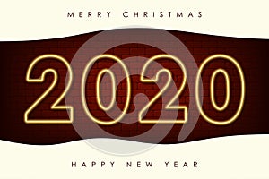 New Year and Merry Christmas illustration with 2020 neon numbers. Holiday banner with glowing light effect, night signboard