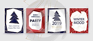 New Year and Merry Christmas party invitation, background. Geometric art style design with holiday tree.