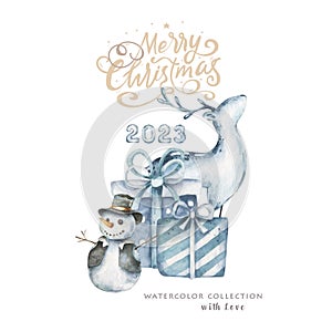 New Year and Merry Christmas watercolor illustration. Gift boxes, deer and snowman. Happy holidays lettering