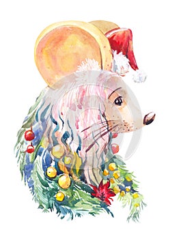 New year mouse. Creative Christmas portrait of symbol of 2020. Watercolor abstract rat character