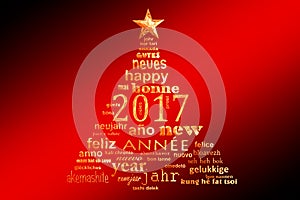 2017 new year multilingual text word cloud greeting card, shape of a christmas tree