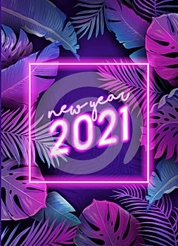 New Year neon tropic design, Disco tropical party vector poster, Christmas summer holiday flyer