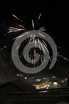 New Year Night Firework in Lech am Arlberg, Austrian Alps Mountains