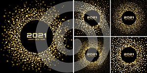 New Year 2021 night party background set. Greeting cards. Gold glitter paper confetti. Christmas gold frame. Vector