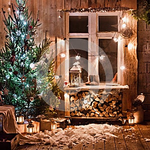 New year night table decoration with candles and antique decorations on the background of lights and Christmas tree