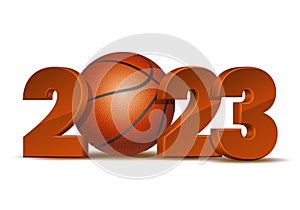 New Year numbers 2023 with basketball ball isolated on white background