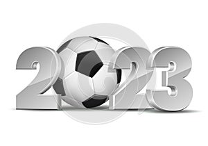 New Year numbers 2023 with soccer ball isolated on white background.