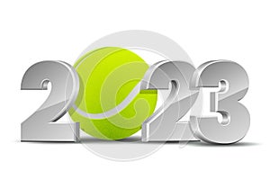 New Year numbers 2023 with Tennis ball isolated on white background.