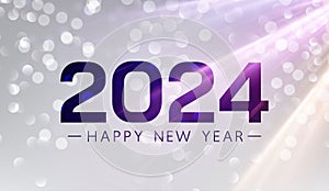 New Year 2024 numbers on bright silver textured background with light defocused particles and sun rays