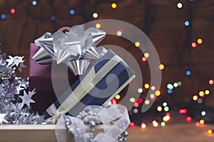 New year ornaments in a box on a blurred bokeh background