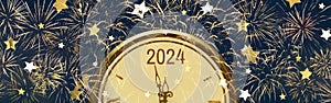 New Year panoramic header web banner with clock to New Year 2024