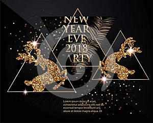 New year party banner with christmas tree branches, deer, bottles of champagne and triangles. Gold and Black.