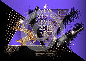New year party banner with christmas tree brunches, deer, bottles of champagne and triangles. photo