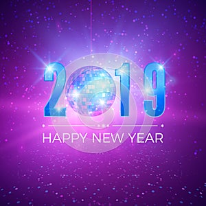 New Year Party card with numbers 2019. Shiny disco ball on night background. Vector illustration