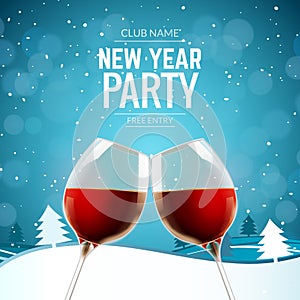 New year party celebration alcohol champagne wine background. Winter landscape with two glasses and confetti holiday decoration