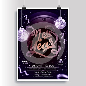 New Year Party Flyer Design with Clock and Hanging Shiny Disco Balls on Lighting Effect